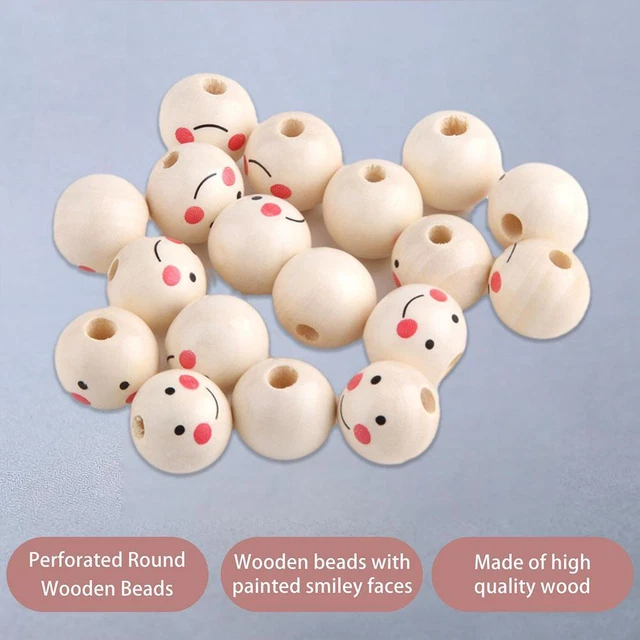 100Pcs Round Wooden Smile Face Beads Wood Loose Beads Round Spacer Be