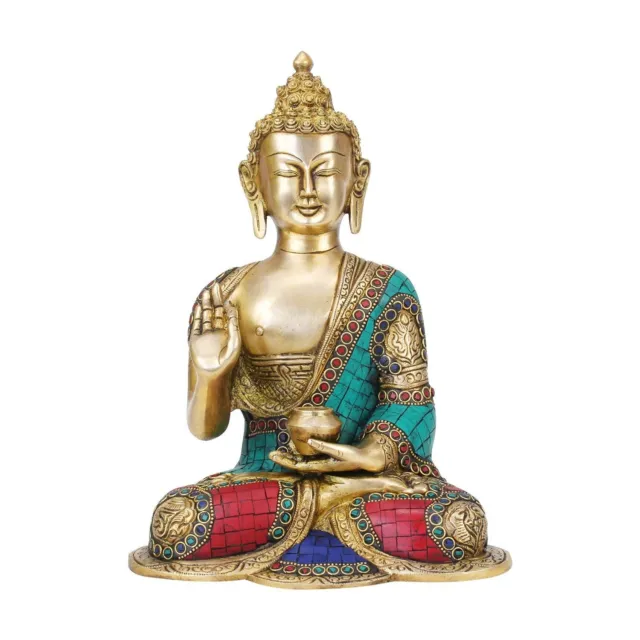 10 Inch Tall Turquoise Brass Buddha Blessing Posture Home Decor Sculpture ,idol