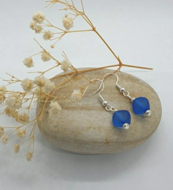 Handmade SterlingEarrings With Blue Faux Sea Glass Beads Boho Vintage By The Sea