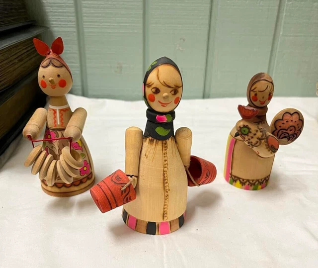 3 VTG USSR Hand Carved/Painted Babushka Women Wooden 5in Figure