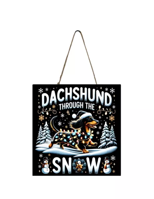 Dachshund Through Snow Black Christmas Ornament, Tier Tray Sign Wood Mini Sign