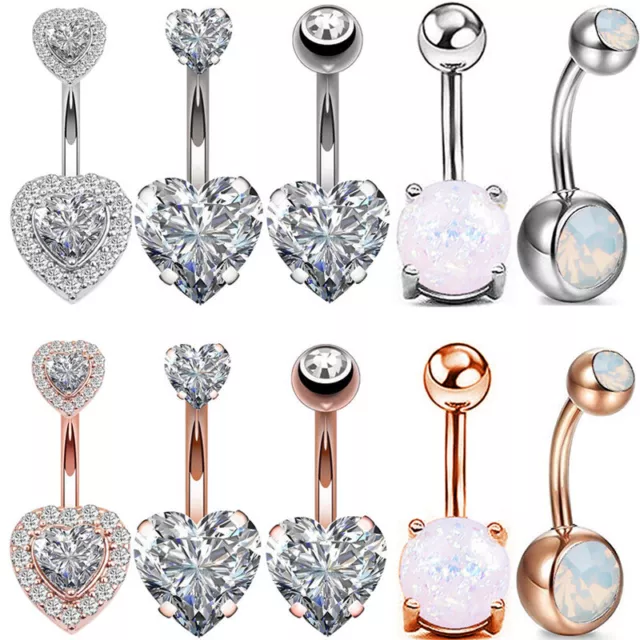 Opal CZ Belly Button Ring Surgical Steel Navel Bar Barbells Body Piercing 14G