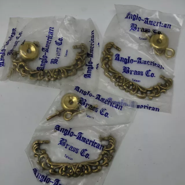 AABCo Vintage NOS Brass Ornate Drawer Pull Handles Lot of 3