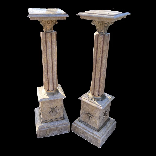 French Louis XVI Beige Marble Pedestals With Bronze - 2 pieces