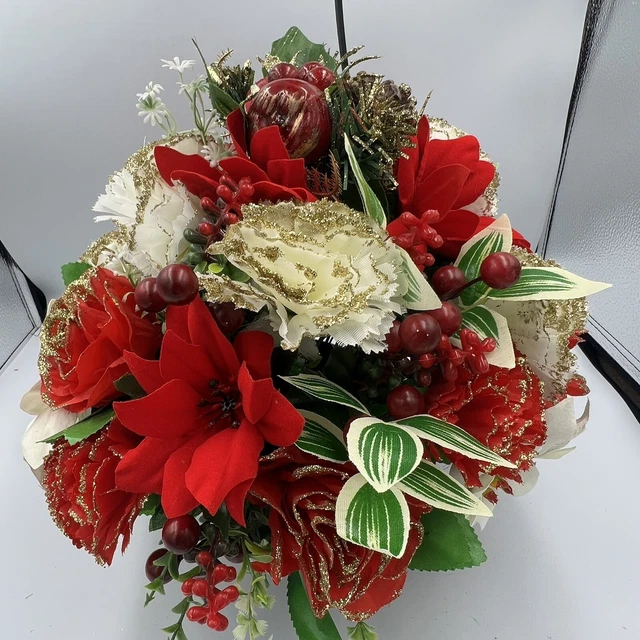 Quality Artificial Christmas  Arrangement Grave vase / Memorial / Crem Pot Red 3