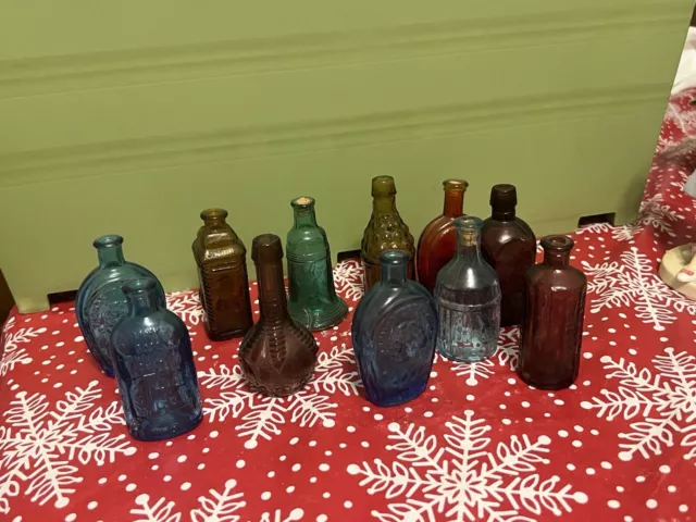 Vintage Lot of 11 Mini Colored Glass Apothecary Bitters Decanter Bottles 3” Tall