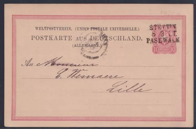 63928) Pommern Bahnpost STETTIN-PASEWALK auf Postkarte 1884 nach Lille