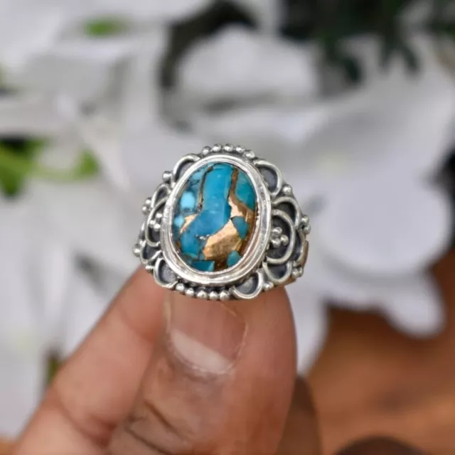 925 Sterling Silver Blue Copper Turquoise Oval shaped 100% GENUINE Ring