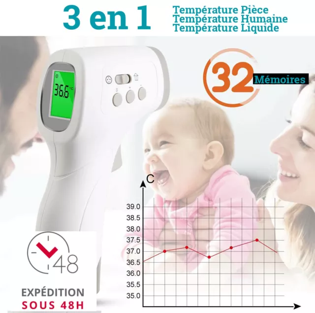 Thermomètre Frontal Sans Contact Numérique Infrarouge 3 en 1 Corps Surface Piece