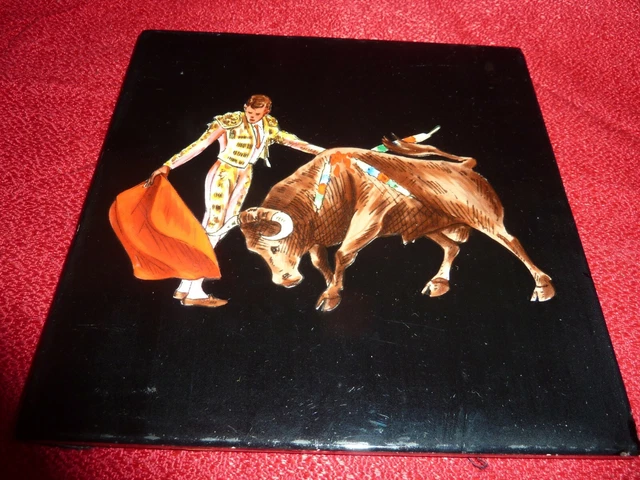 15.2Cm Square Pottery Black Colour Tile With Hand Painted Matador &Bull Fighting