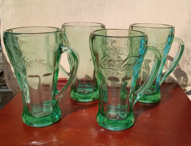 Set of 4 Green Coca-Cola Glass with Handle Mugs Libbey 14oz Heavy Vintage Coke