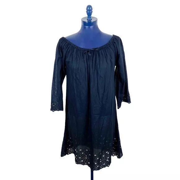 La Perla Eyelet Detailed Abito Black Long Sleeve Slip Dress Coverup Size 8 NWT