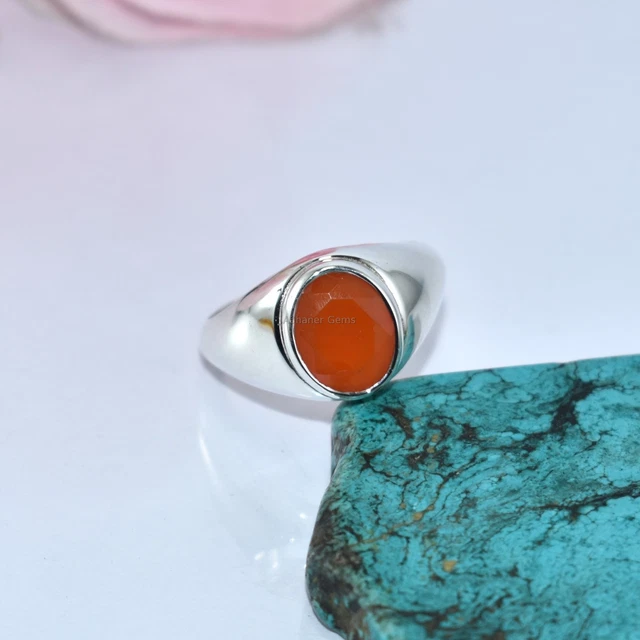 Bague Chevalière En Argent Plaqué Avec Cabochon Cornaline Rouge - Neuf Avec Petits Défauts De Placage