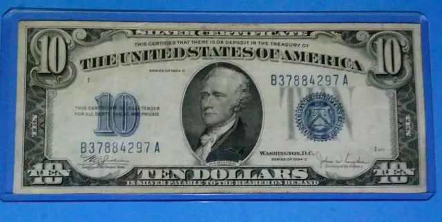 1934 C $10 Silver Cert.! Blue Seal, Vf. Circ. Cond.! Old Us Currency! Nice !