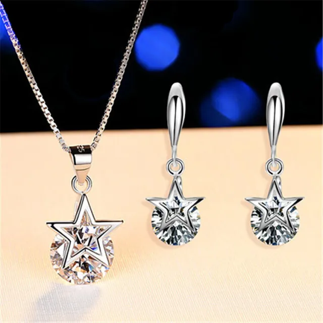 Kristall Stern Anhänger Halskette und Ohrringe 925 Sterlingsilber Damen Geschenkset