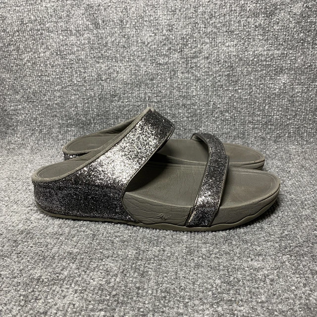 FitFlop Glitter Sandals Womens 10 Gray Silver Wedge Strappy Slides
