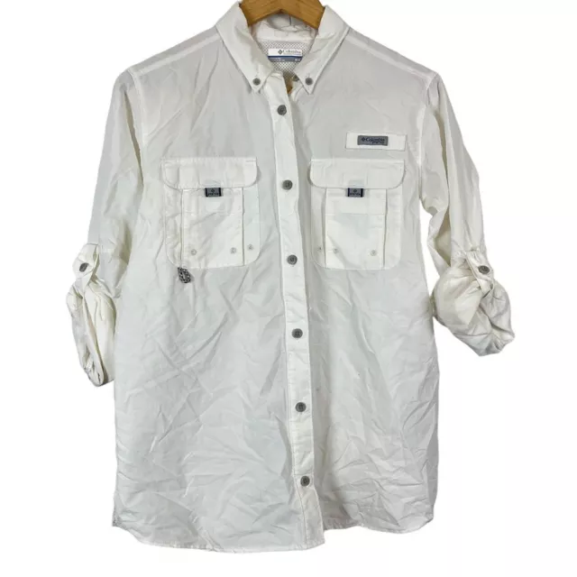 Columbia Womens White PFG Fishing Vented Roll Tab Sleeve Button Down Shirt M