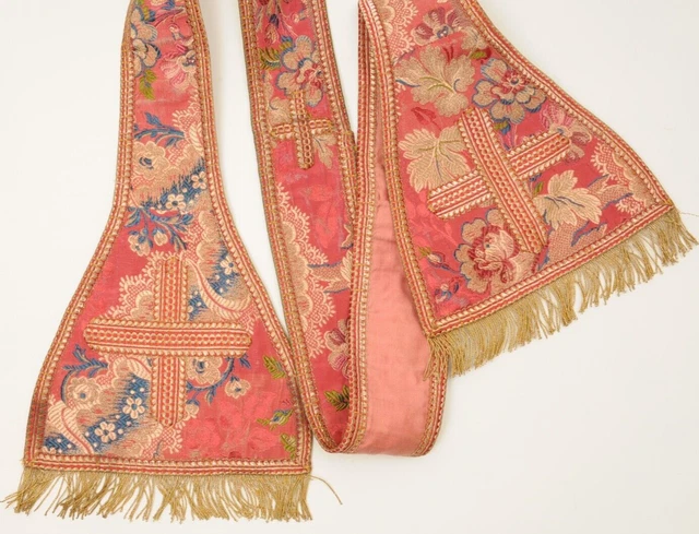 Antique Silk Brocade Lampas Stole Ecclesiastical  18th Century Robe Vestment