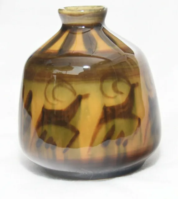 Vintage MCM - Israeli Lapid Vase - Gazelles - Signed, Honey-Glazed - 3"