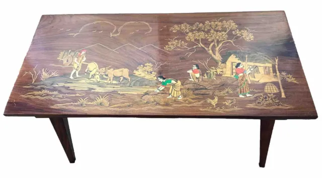 Vintage Inlaid Wood Marquetry Top Coffee Table Depicts Indian Farming w Plaque