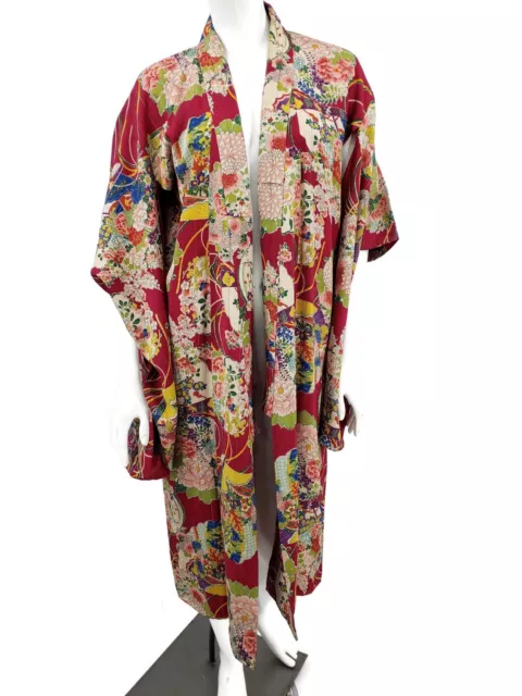 Vintage Japanese Silk Kimono Red Floral Robe Handmade