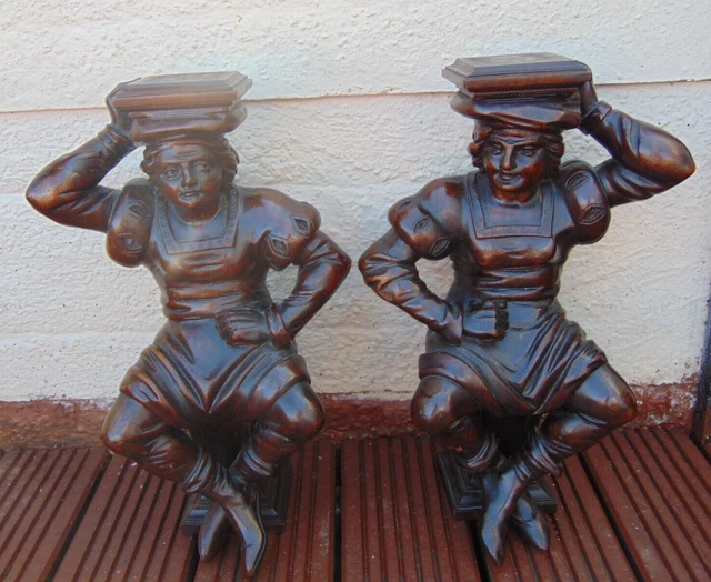 Pair Antique French Carved Wood Medieval Figural Corbels Supports Posts Pillars