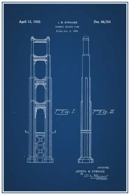 Golden Gate Bridge Highway Pier Official Patent Blueprint Poster 12x18