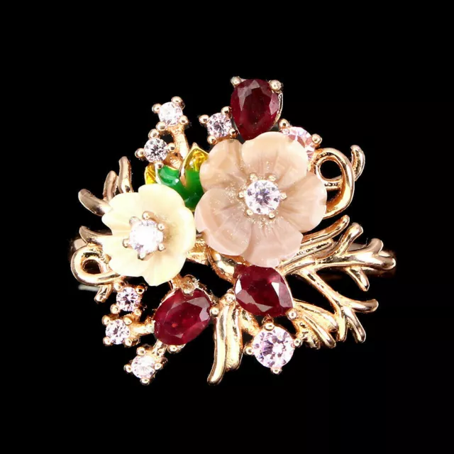 925 Sterling Silber Ring Roségold beschichtet, Rubin & Perlmutter Blumen, Neu