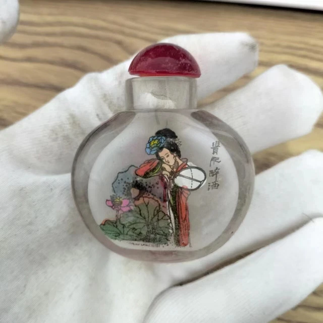 55MM China Inside Painting Glass Beautiful Woman Lotus Flower Plum Snuff Bottle