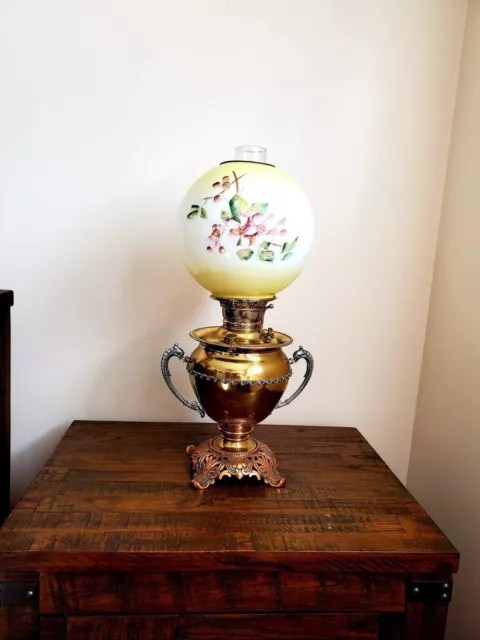 Antique The Juno Lamp Hand Painted Parlor Banquet GWTW Brass Oil Lamp 21" tall