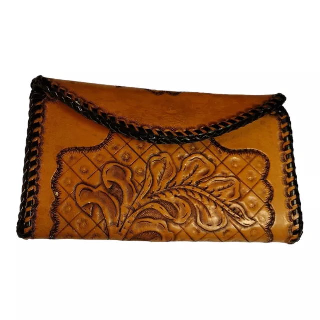 Vintage Hand Tooled Leather Womens Bifold Wallet Snap Closure Coin Base Check
