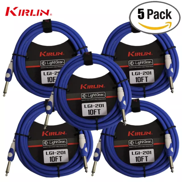 5 PACK Kirlin 10 ft Guitar Instrument Patch Cable BLUE Free Cable Tie 1/4" NEW
