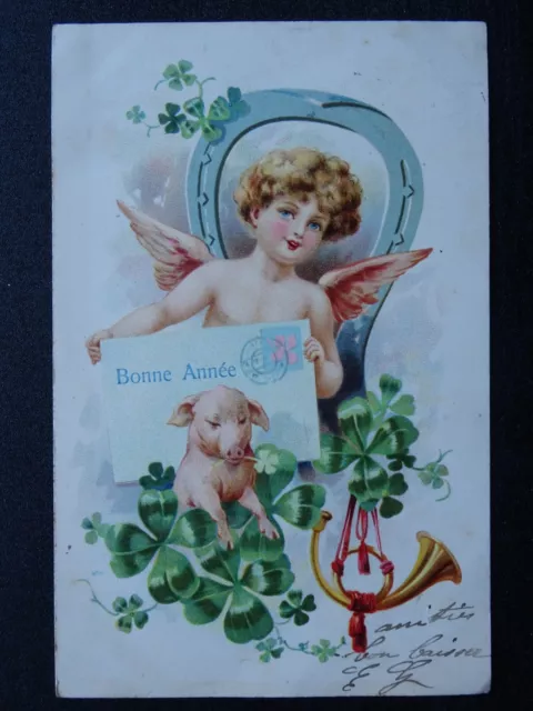 French New Year Greetings BONNE ANNÉE Pig, Cherub & 4 Leaf Clover c1905 Postcard