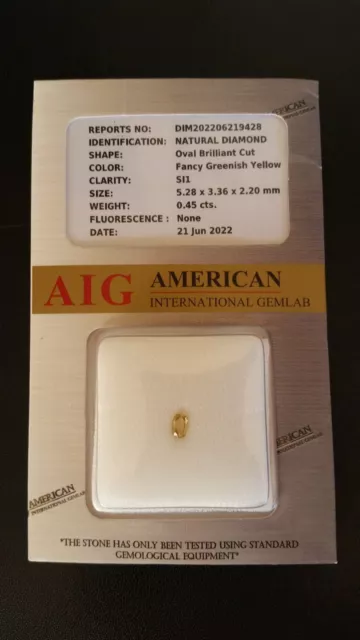 NATURAL LOOSE 0.45ct OVAL BRILLIANT CUT, FANCY GREENISH YELLOW DIAMOND, AIG CERT