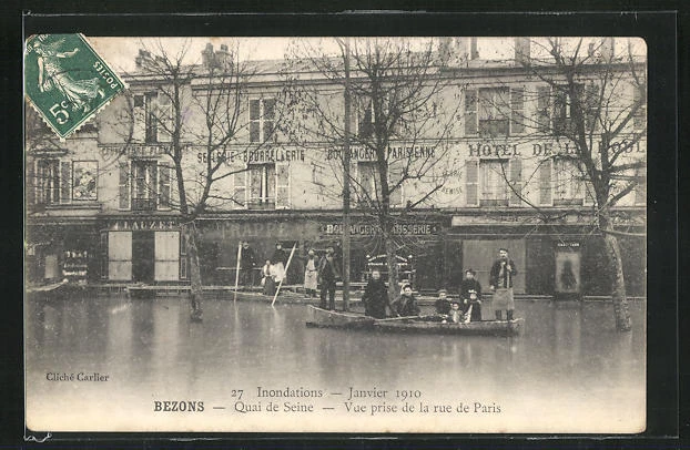 CPA Bezons, Inondation, Janvier 1910 - Quai de Seine, Vue prise de la rue de Pa