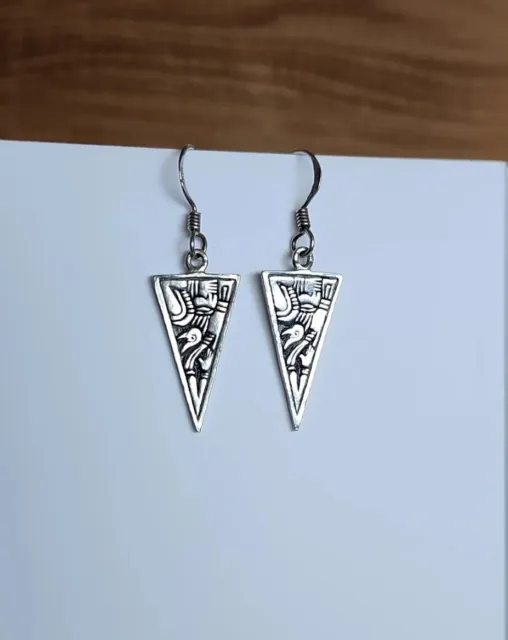 Sterling Silver Triangle Dangle Drop Pierced Hook Tribal? Aztec? Earrings