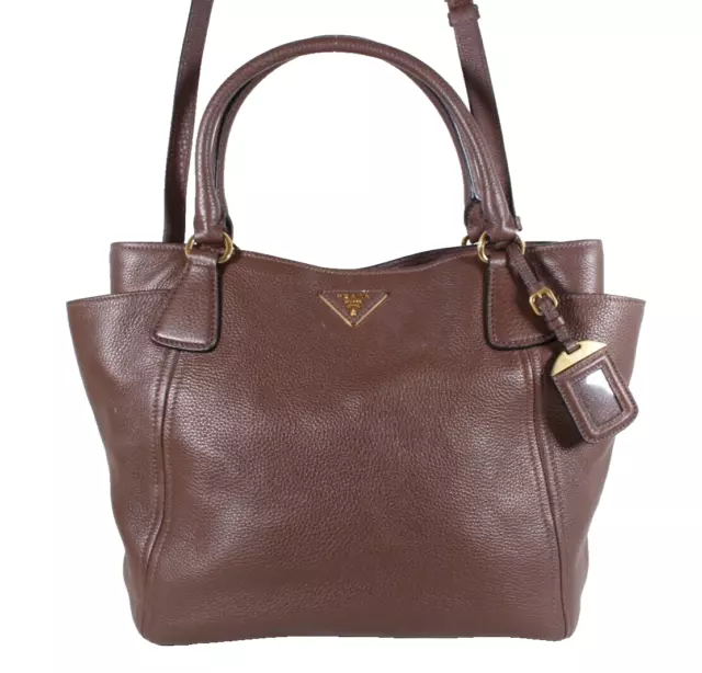 PRADA Chocolate Brown Leather VITELLO DAINO Double Pocket Medium Shoulder Bag