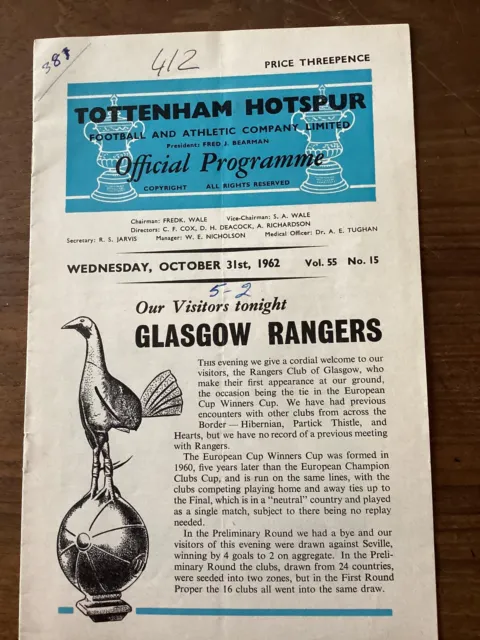 Tottenham Hotspur v Glasgow Rangers European Cup Winners Cup, 31/10/1962