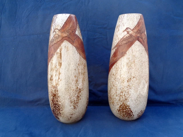 Ancien Grande  Paire de Vases Legras Pâte de Verre décor aux Oiseaux Art Déco