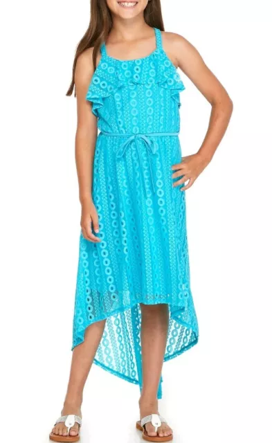 Sequin Hearts Big Girl's Allover Lace High-Low Dress-Size-14 or 16-Turquoise