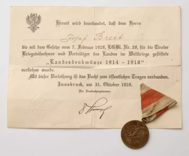 K.u.k Orden Tirol,Standschütze,Landesdenkmünze,Urkunde,kuk order,medal,tyrol,dok