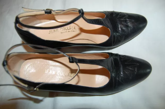 Jean Collage VINTAGE Womens Shoes  Black Leather Ankle Strap Heels Size 38