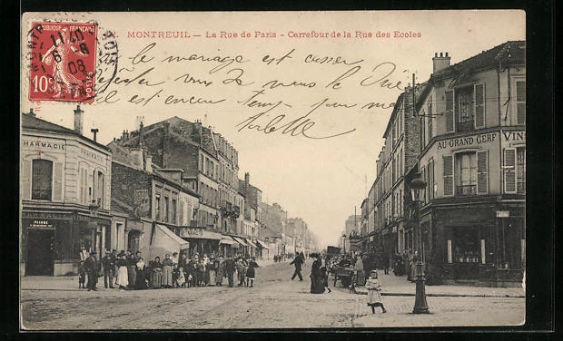 CPA Montreuil, La Rue de Paris, Carrefour de la Rue des Ecoles 1908
