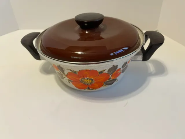vintage show pan pot with lid sanko ware japan orange poppies floral speckled sm