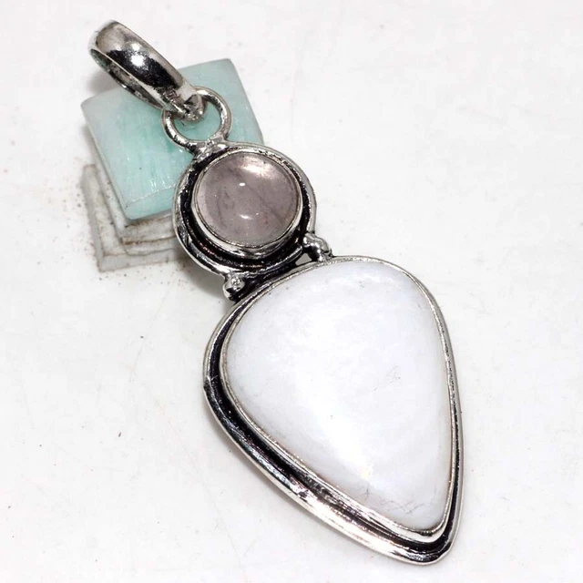 Mother Of Pearl Rose Quartz 925 Silver Plated Pendant 2.5" Amazing Gift GW