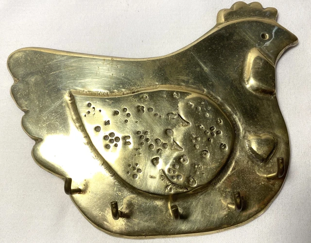 Vintage Big Fat Brass Chicken Key Ring Wall Mount Hook Holder Hanger Kitchen