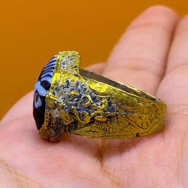 Beautiful Late Medieval Islamic Gold Gilded Ottomans Seal Ring With Face Bead 9U 3