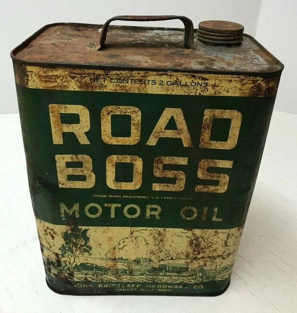 Vintage Two 2 Gallon Road Boss Motor Oil Can Empty Gas Station AS IS Vintage Two 2 Gallon Road Boss Motor Oil Can Empty Gas Station AS IS