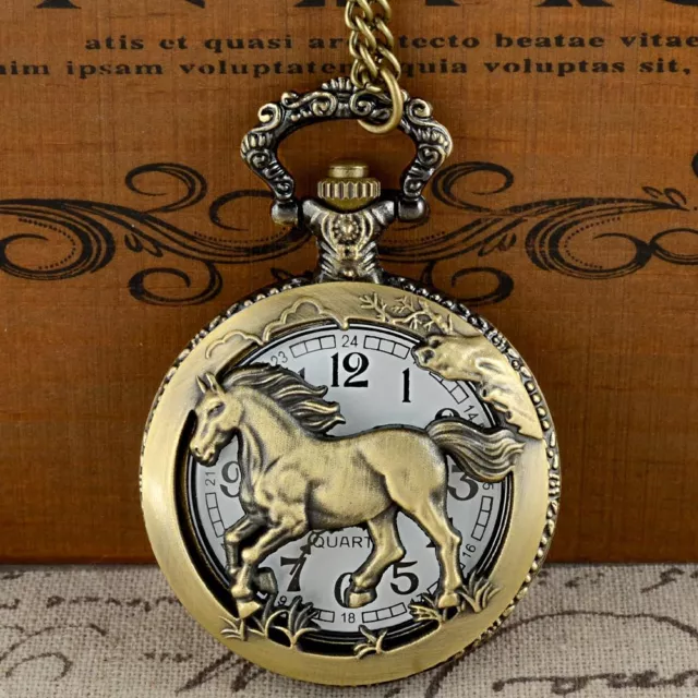 Bronze Animal Horse Pendant Antique Pocket Watch Quartz Necklace Chain Mens Gift