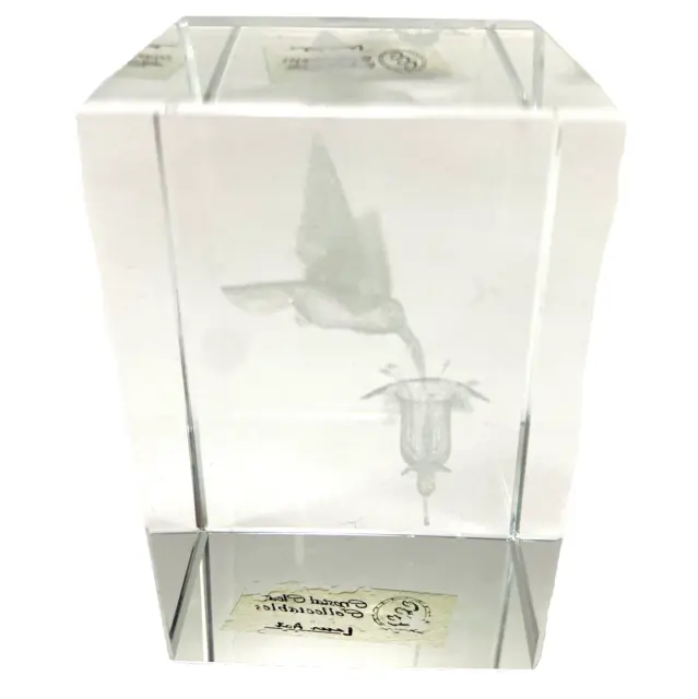 VTG Humming Bird Rectangular Paperweight Laser Art Crystal Clear Collectables